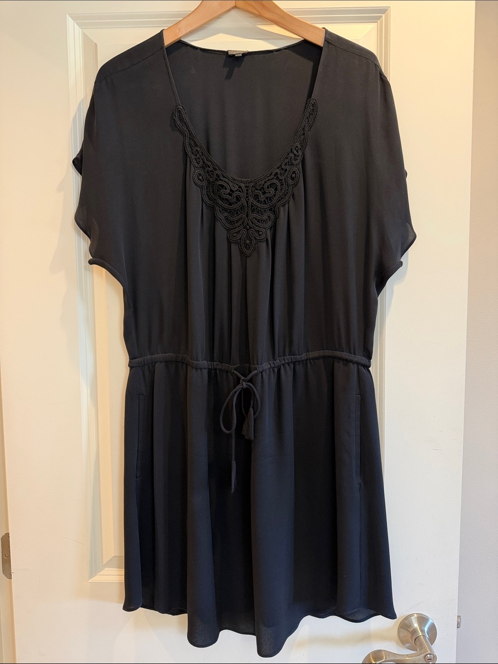 Babaton Black Crochet-Trim, 100% Silk Drawstring Dress